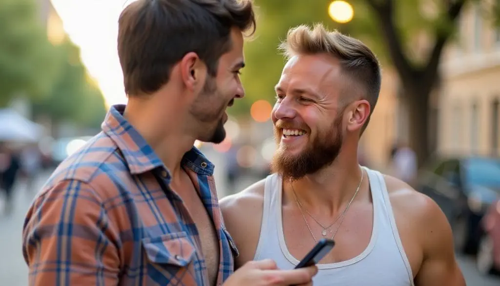 Hommes gays qui sourient avec un telephone a la main