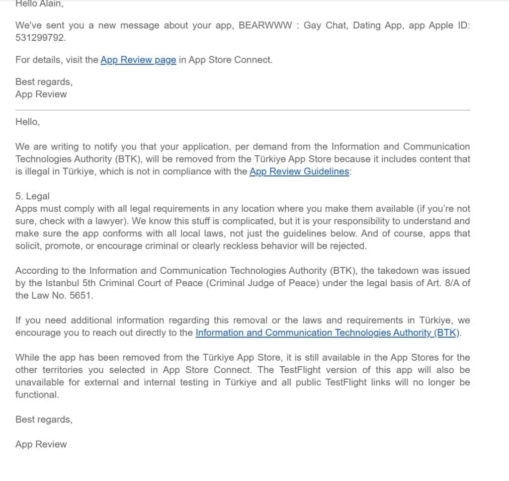 message de l'appstore indiquant que BEARWWW est bloqué en Turquie