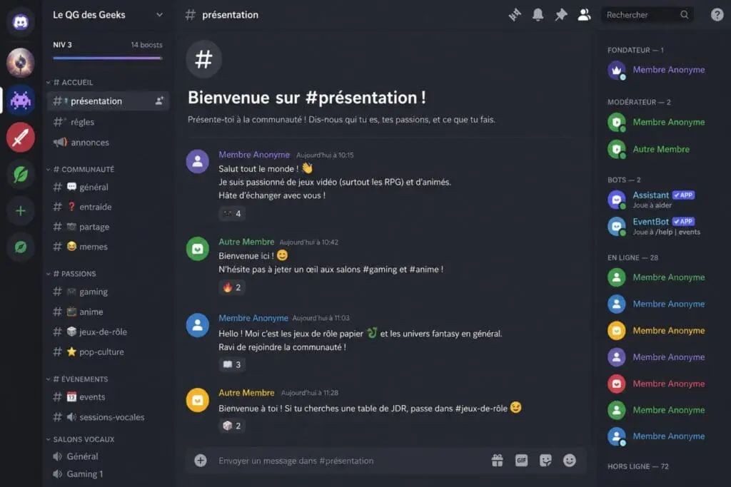 capture d’écran anonymisée d’un serveur Discord inclusif avec des salons “présentation”, “gaming”, “anime”, “jeux de rôle” et “events”, sans afficher de pseudos réels.