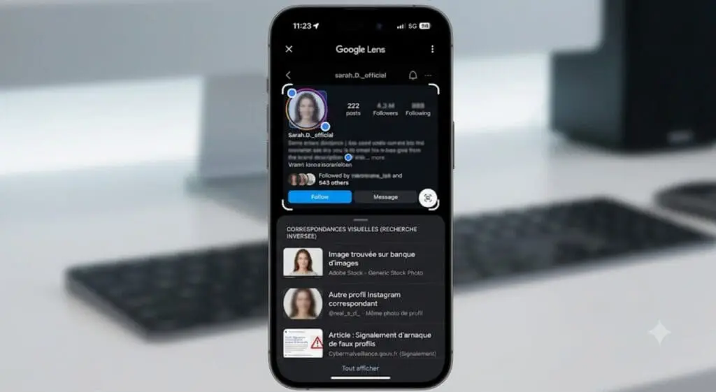 capture d’écran montrant comment utiliser Google Lens pour une recherche inversée depuis une photo de profil anonymisée