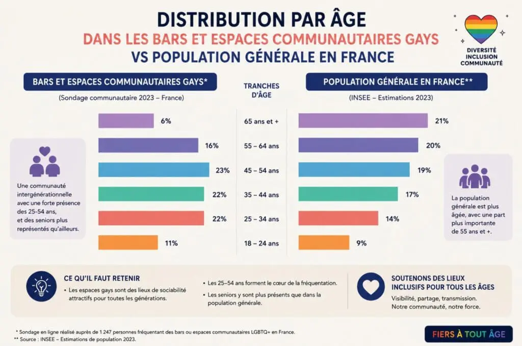 illustration graphique montrant la distribution par âge dans les bars et espaces communautaires gays, en comparaison avec la population générale