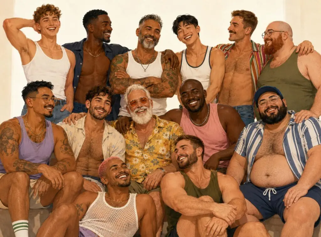 illustration inclusive et body positive montrant plusieurs hommes gays de morphologies, âges, styles et origines différents