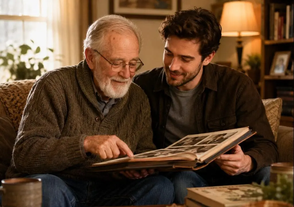 llustration chaleureuse d'un moment de partage intergénérationnel : un homme plus âgé et un jeune adulte assis ensemble, regardant des photographies ou un livre, dans un cadre intime et bienveillant.