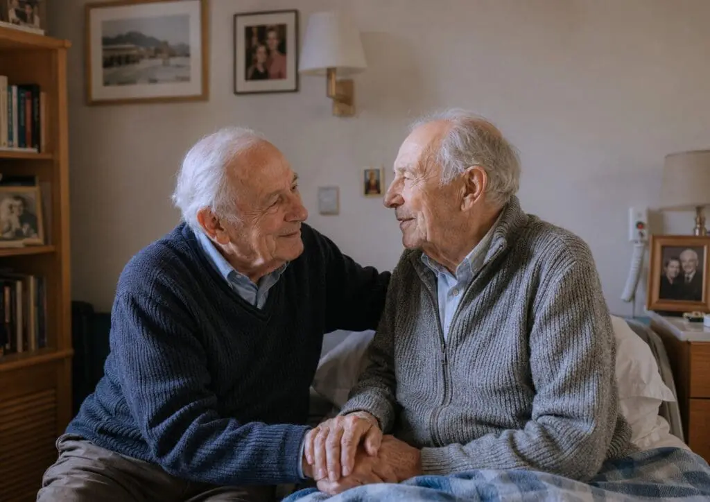 une chambre d'EHPAD où deux résidents hommes plus âgés partagent un moment de complicité, avec des livres et des photographies personnelles visibles