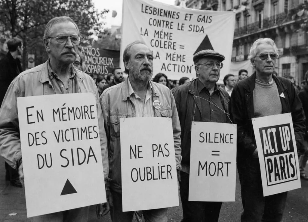 photographie documentaire en noir et blanc montrant des hommes âgés lors d'une manifestation de la Marche des Fiertés des années 1990, portant des pancartes en mémoire des victimes du SIDA