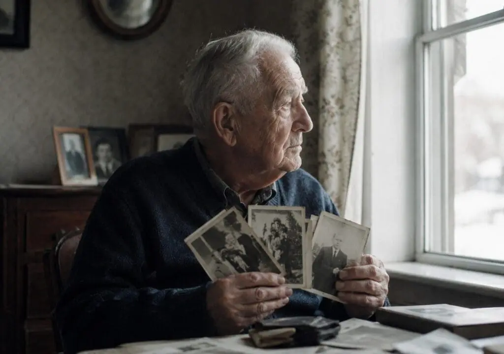photographie documentaire d'archive : un homme plus âgé tenant dans ses mains des photographies jaunies d'amis disparus, regard dirigé vers la fenêtre