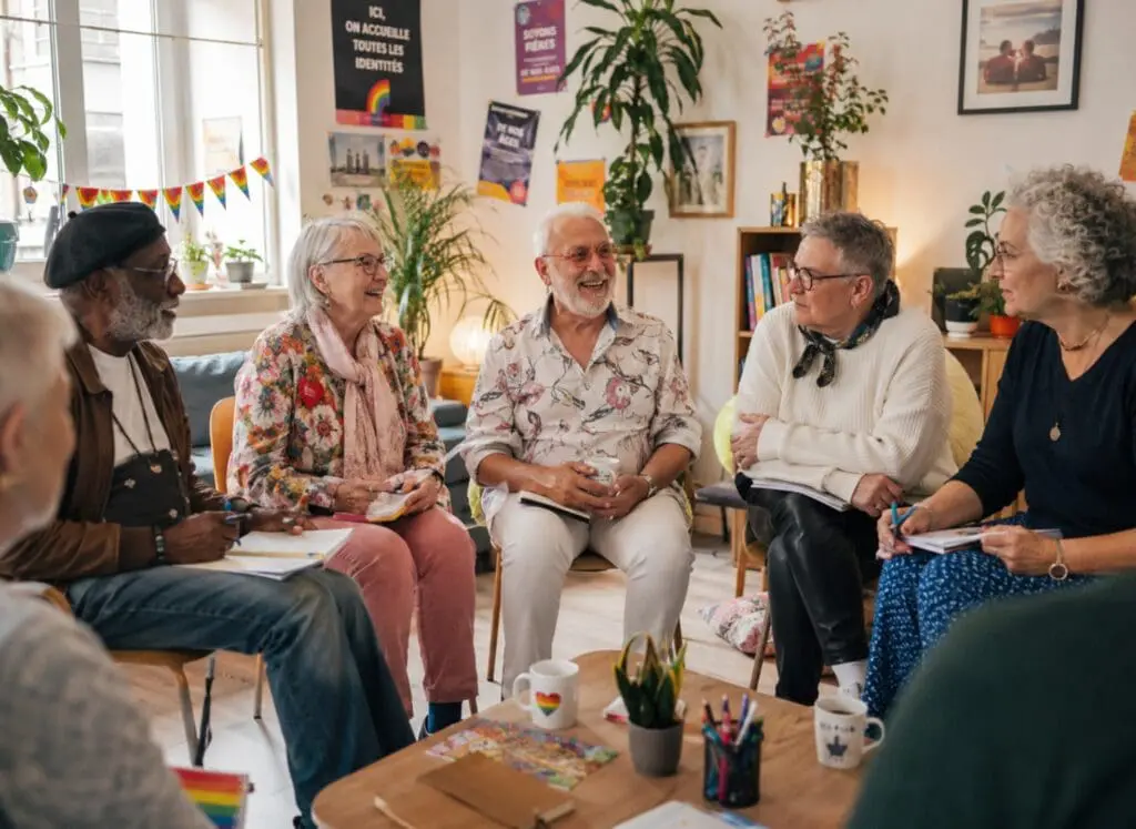 photographie lumineuse montrant un groupe de seniors LGBTQ+ lors d'un atelier de partage organisé par une association, dans un espace chaleureux et coloré