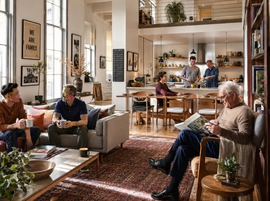 photographique d'un habitat gay partagé intergénérationnel, lumineux, avec des espaces communs conviviaux