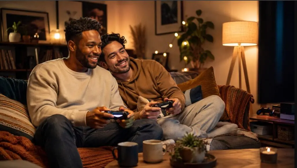 une image chaleureuse d’un couple d'hommes gamers jouant à la console sur un canapé, avec une ambiance cosy, inclusive et non stéréotypée.