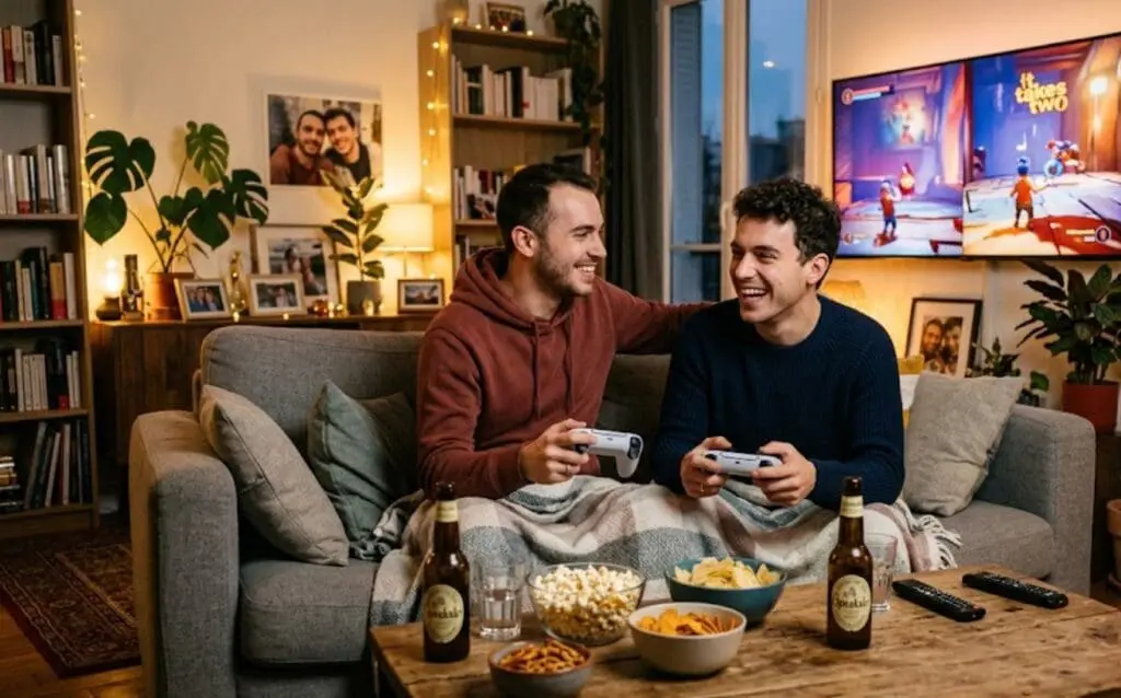 une image d’un couple gay jouant à un jeu coop sur canapé, avec snacks, manettes et ambiance détendue