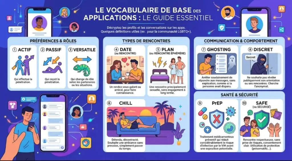 une infographie illustrant le vocabulaire de base des applications : actif, passif, versatile, date, plan, ghosting, PrEP, safe, chill, discret