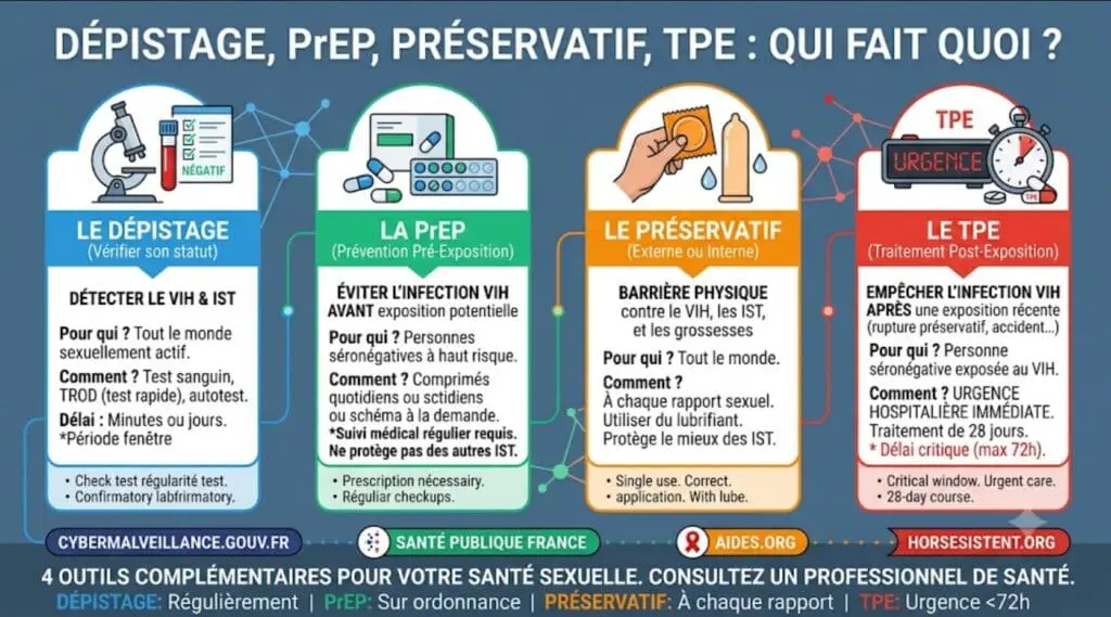une infographie simple Dépistage, PrEP, préservatif, TPE