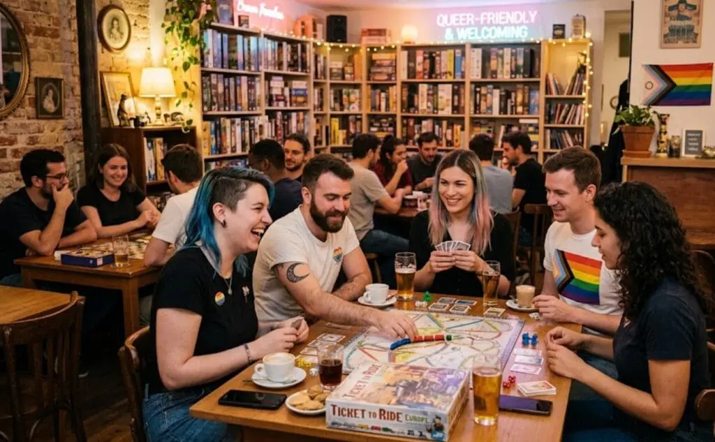 une photo d’un café gaming ou d’une soirée jeux de société queer-friendly, avec ambiance conviviale et tables de jeu