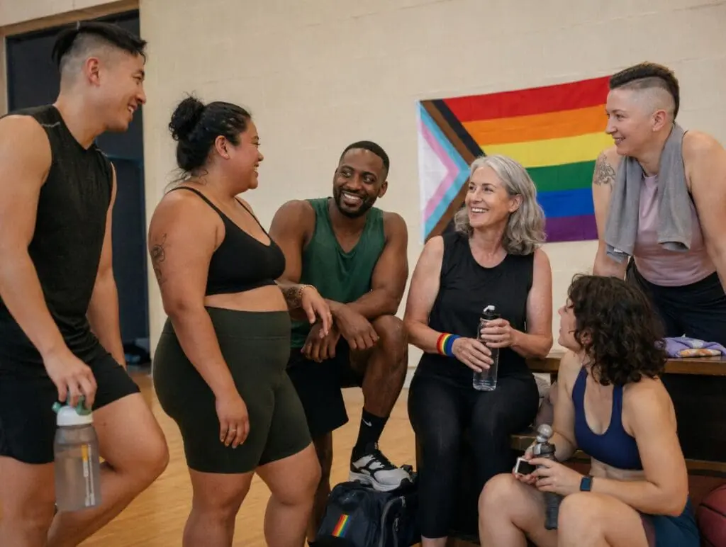 une photo illustrant un groupe de sport LGBTQ+ convivial après une séance, ambiance bienveillante et intergénérationnelle