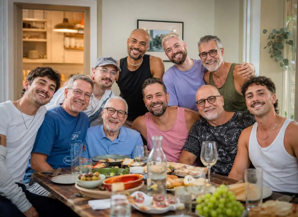 groupe d’amis gays de plusieurs générations partageant un repas