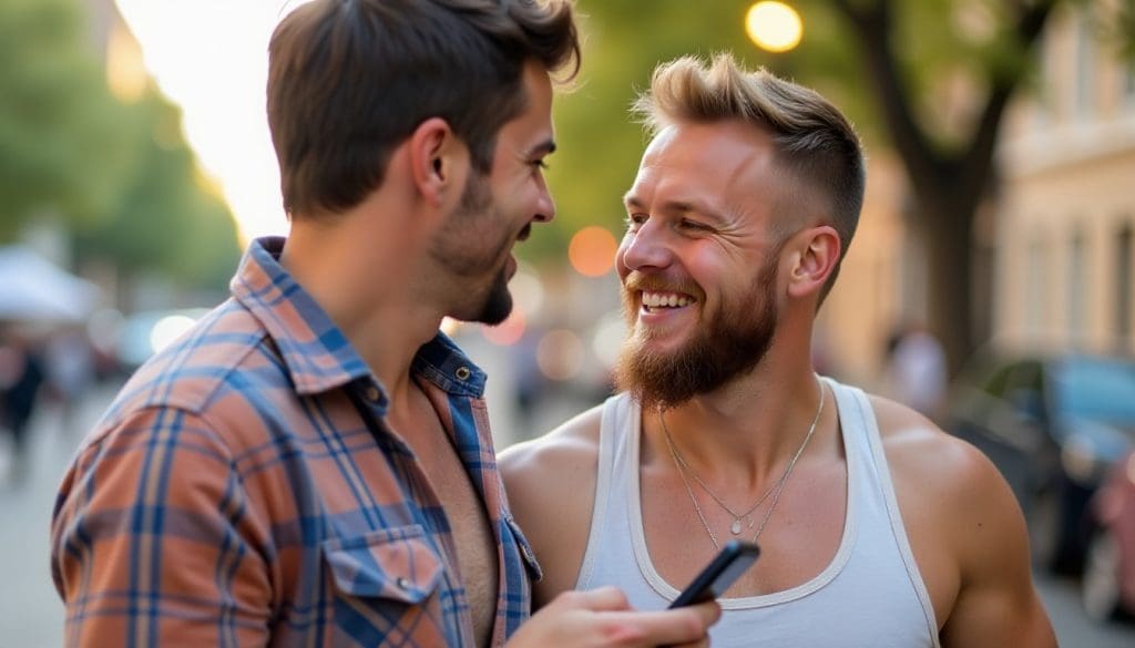 Hommes gays qui sourient avec un telephone a la main