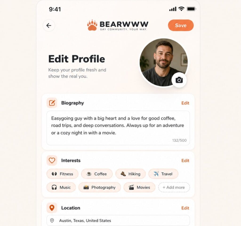 BEARWWWâs profile editor, highlighting biography, interests, location, and relationship goals