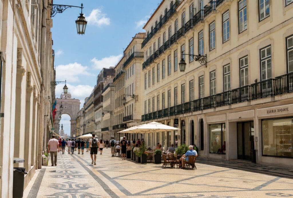 Baixa de Lisboa durante o dia, com rua pedonal, fachadas pombalinas e pessoas ao longe