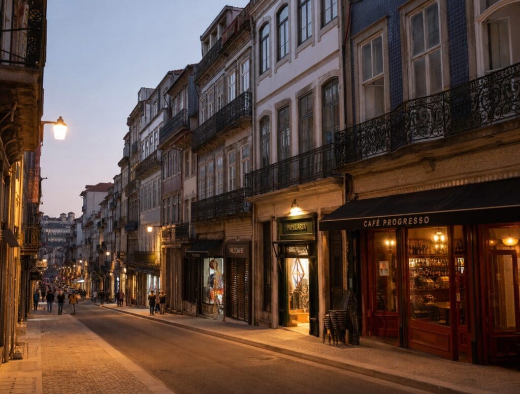 Rua de José Falcão ou de uma fachada urbana da Baixa do Porto ao anoitecer