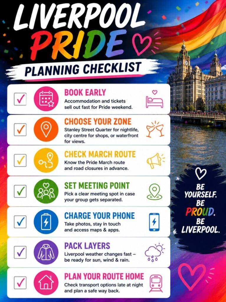 a Liverpool Pride planning checklist: “book early, choose your zone, check march route, set meeting point, charge phone, pack layers, plan route home”
