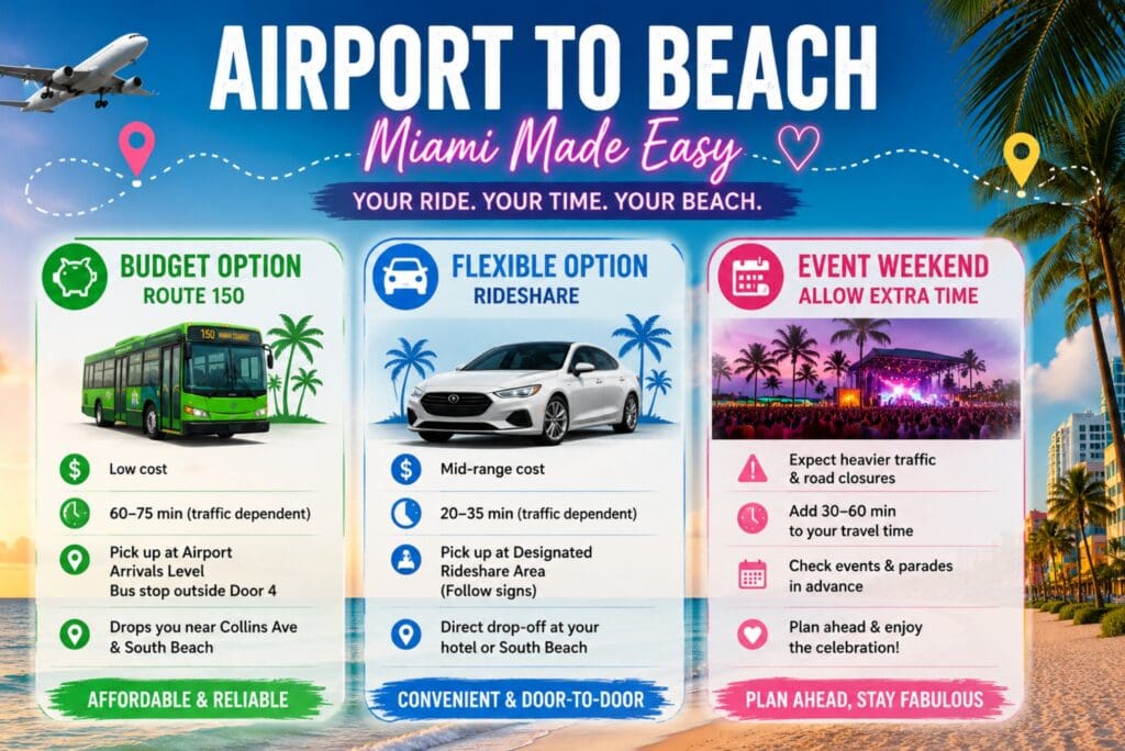 a airport-to-beach logistics graphic: “Budget option: Route 150 / Flexible option: rideshare / Event weekend: allow extra time”