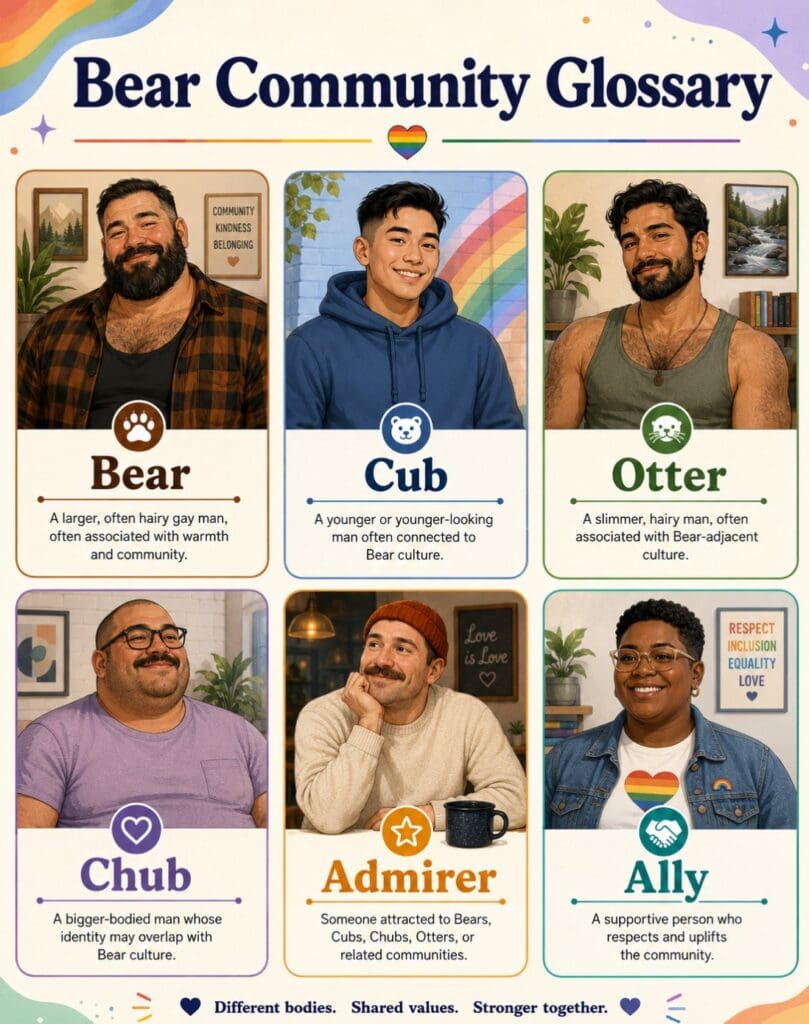 a illustrated glossary showing “Bear”, “Cub”, “Otter”, “Chub”, “Admirer” and “Ally” with inclusive, non-caricatured portraits
