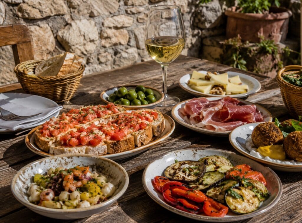 fotografía de una mesa mediterránea con tapas, pan con tomate y copa de malvasía