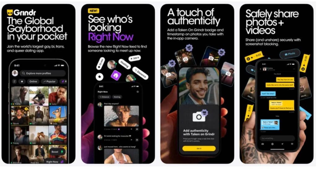 Interface de l'application Grindr sur iPhone â grille gĂ©olocalisĂ©e et filtres
