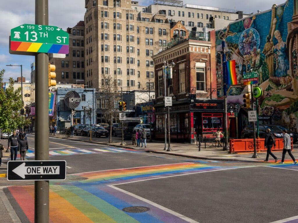 high-resolution image of rainbow street signs and crosswalks in Philadelphia’s Gayborhood