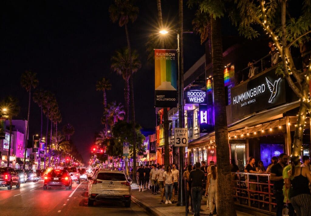 nighttime image of Santa Monica Boulevard in the Rainbow District, with venue signage and pedestrians