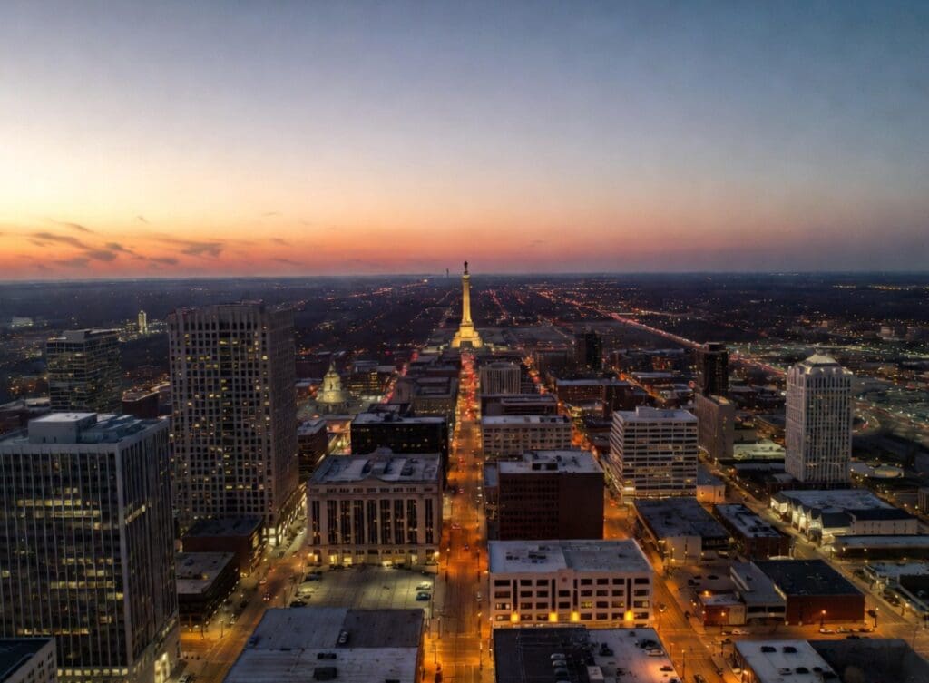 panoramic photo of downtown Indianapolis at dusk, with the Soldiers and Sailors Monument in the distance