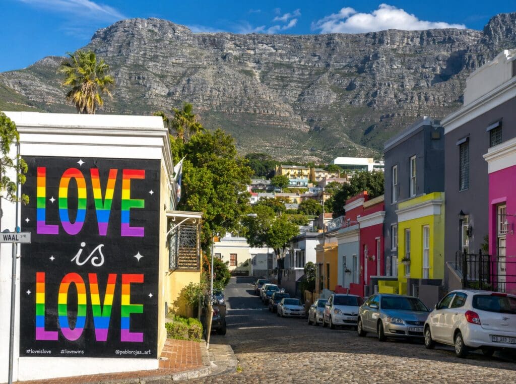 photograph of Cape Town’s De Waterkant neighborhood, with colorful façades, Table Mountain, and Pride-themed public art