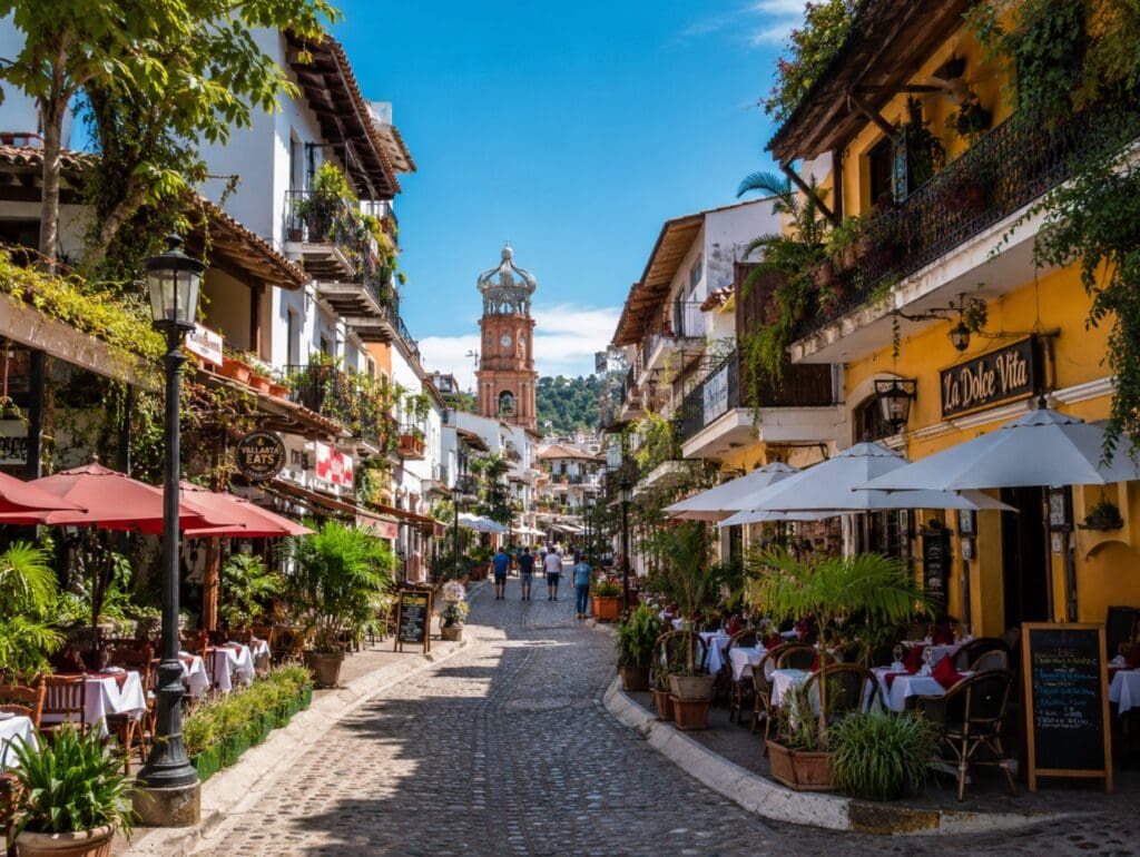 photograph of the Zona Romántica’s cobblestone streets, colorful façades, and outdoor restaurant terraces