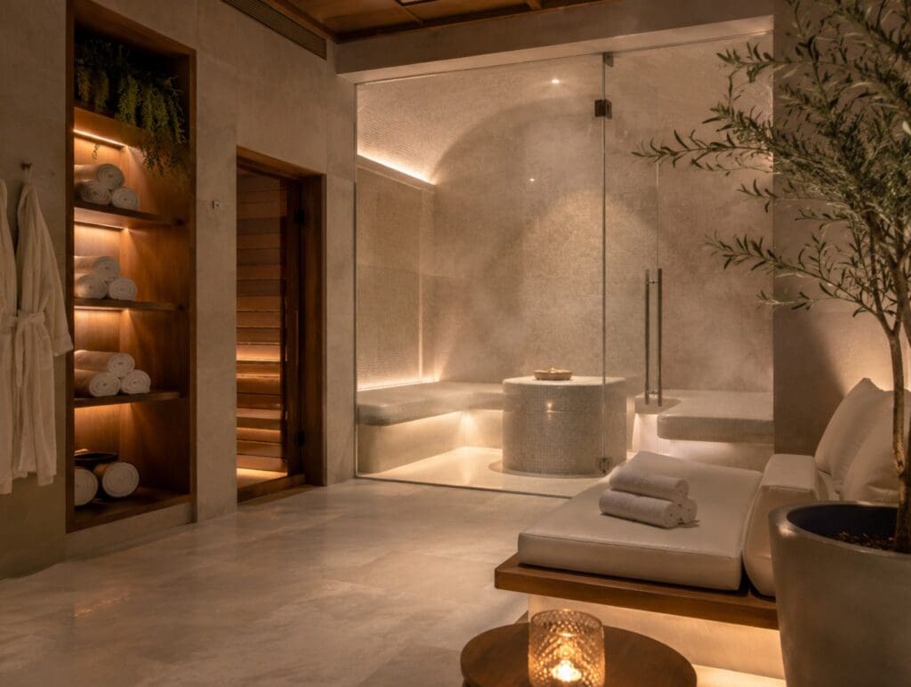 photographie SFW et lumineuse d’un espace de détente avec hammam, bancs et éclairage apaisant