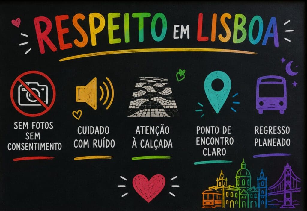 um quadro  “Respeito em Lisboa: sem fotos sem consentimento, cuidado com ruído, atenção à calçada, ponto de encontro claro, regresso planeado”