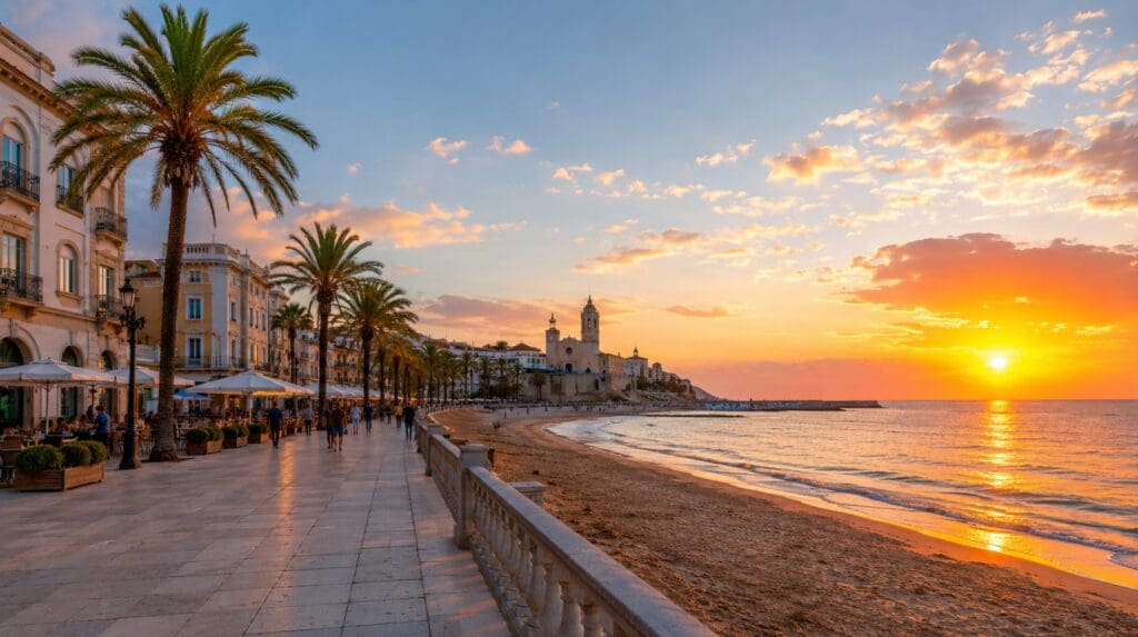 una fotografía panorámica y luminosa del Paseo Marítimo de Sitges al atardece