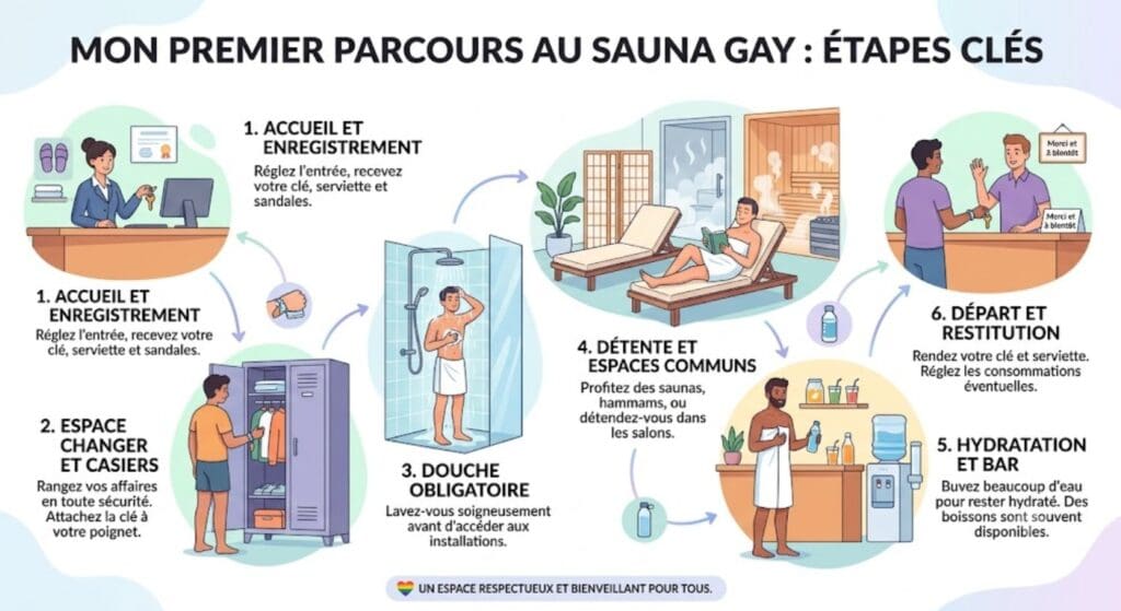 une infographie SFW montrant le parcours d’une première visite au sauna gay: accueil, casier, douche, détente, hydratation et départ