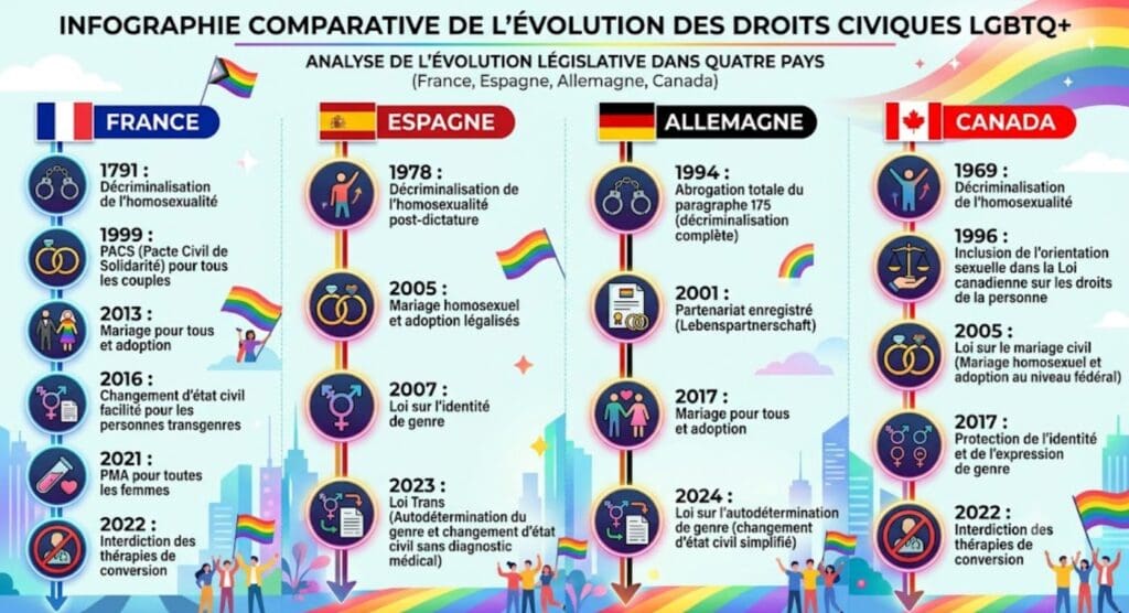 une infographie comparative de l’évolution des droits civiques LGBTQ+ dans les 4 pays France, Espagne, Allemagne, Canada