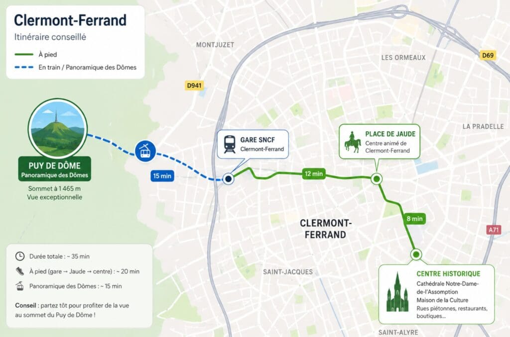 Carte simple Clermont centre → Puy de Dôme → gare → Jaude