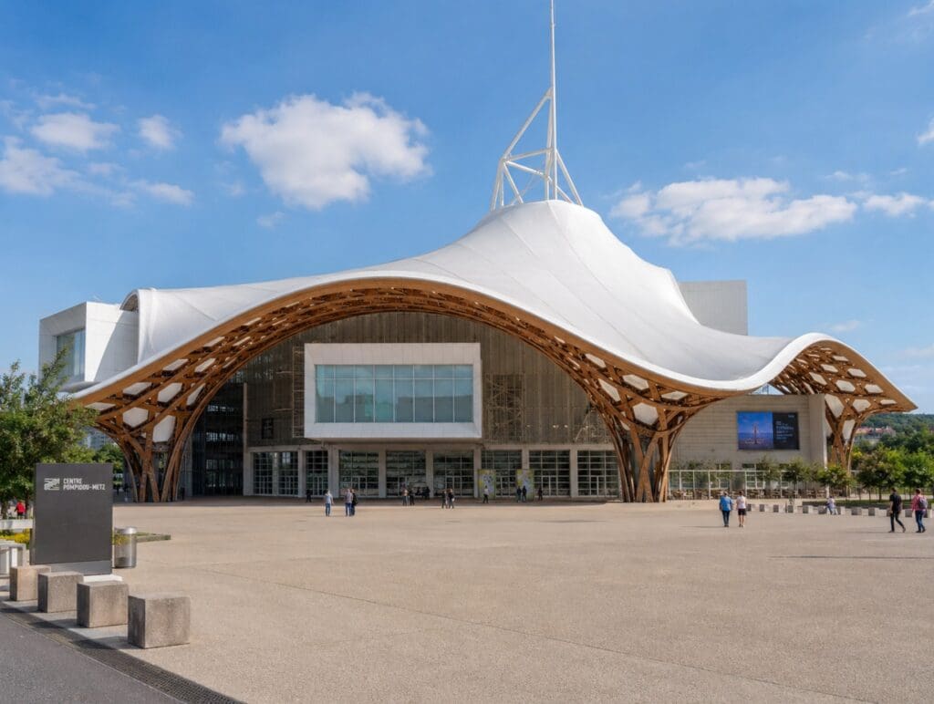 Centre Pompidou-Metz et de sa spectaculaire toiture blanche vue depuis le parvis