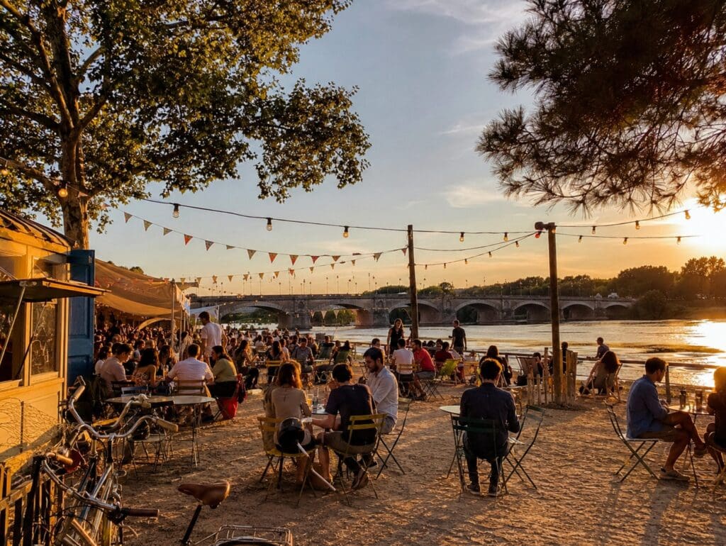 Guinguette de Tours sur Loire au coucher du soleil, avec tables, vélos et pont Wilson en arrière-plan