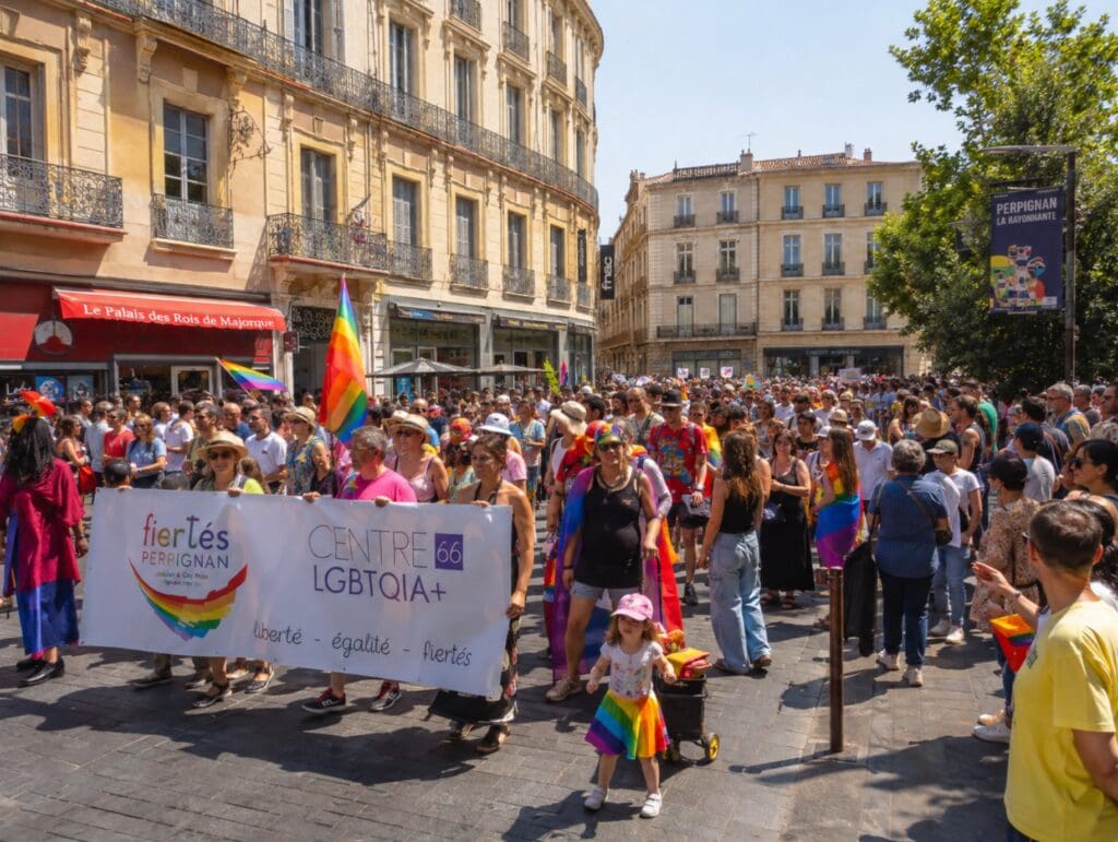 Marche des Fiertés de Perpignan dans le centre-ville, avec un public varié et des drapeaux colorés