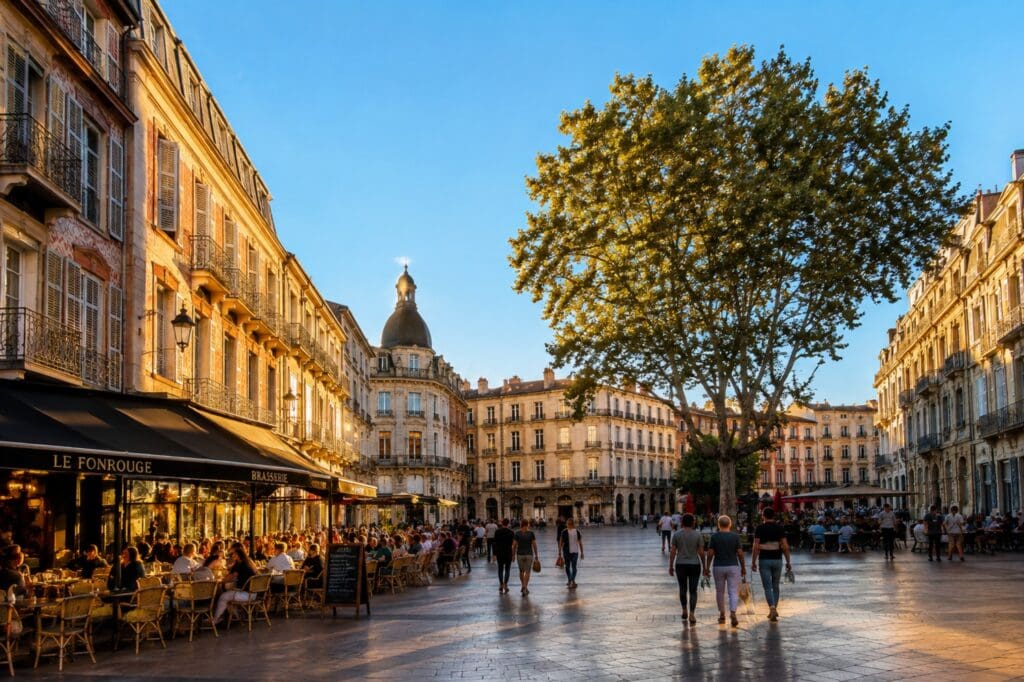Place de la Loge en fin d'après-midi, avec les façades historiques et les terrasses