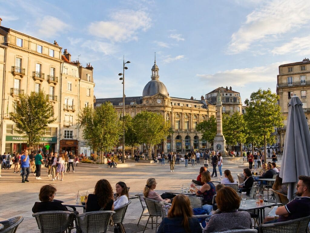 Place de la République animée en fin d’après-midi, avec ses terrasses et ses arbres (Limoge)