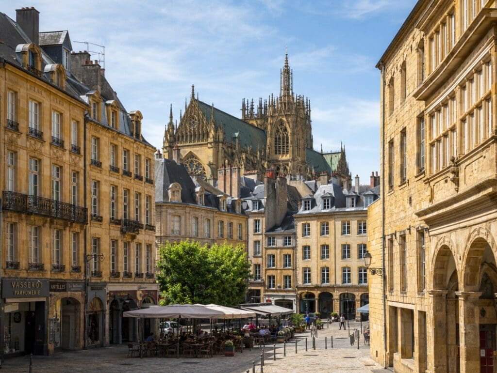 centre de Metz, avec les façades en pierre de Jaumont et la cathédrale Saint-Étienne apparaissant au-dessus des toits
