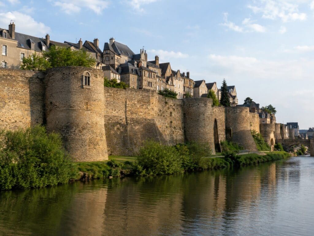 enceinte romaine vue depuis les bords de Sarthe, avec la Cité Plantagenêt au-dessus