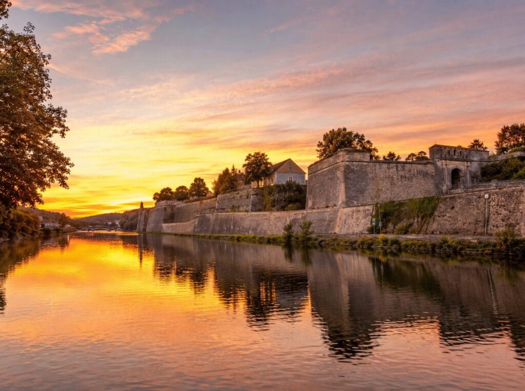 fortifications de Vauban se reflétant dans le Doubs au coucher du soleil (Besançon)