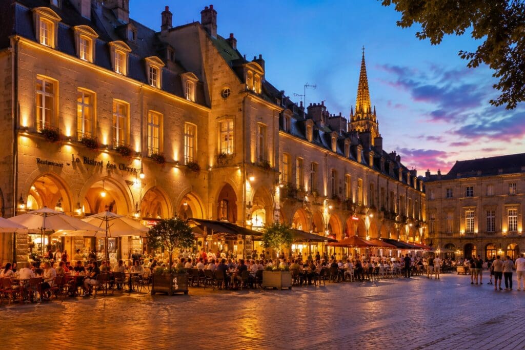 photo lumineuse des célèbres arcades de la Place Saint-Louis (Metz) au crépuscule, avec les terrasses animées