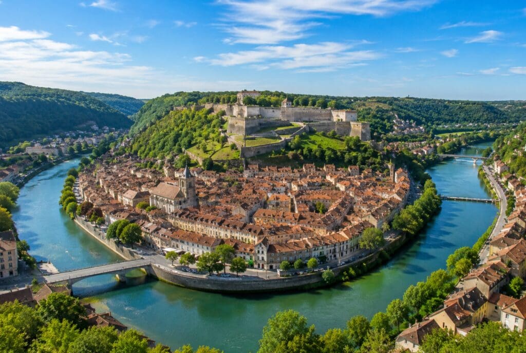 photo lumineuse des toits de La Boucle entourés par le Doubs, avec la Citadelle dominant la ville