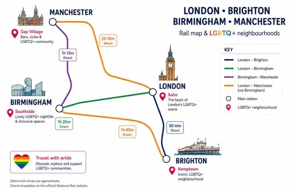 rail map connecting London, Brighton, Birmingham and Manchester, with each city’s LGBTQ+ neighbourhood marked